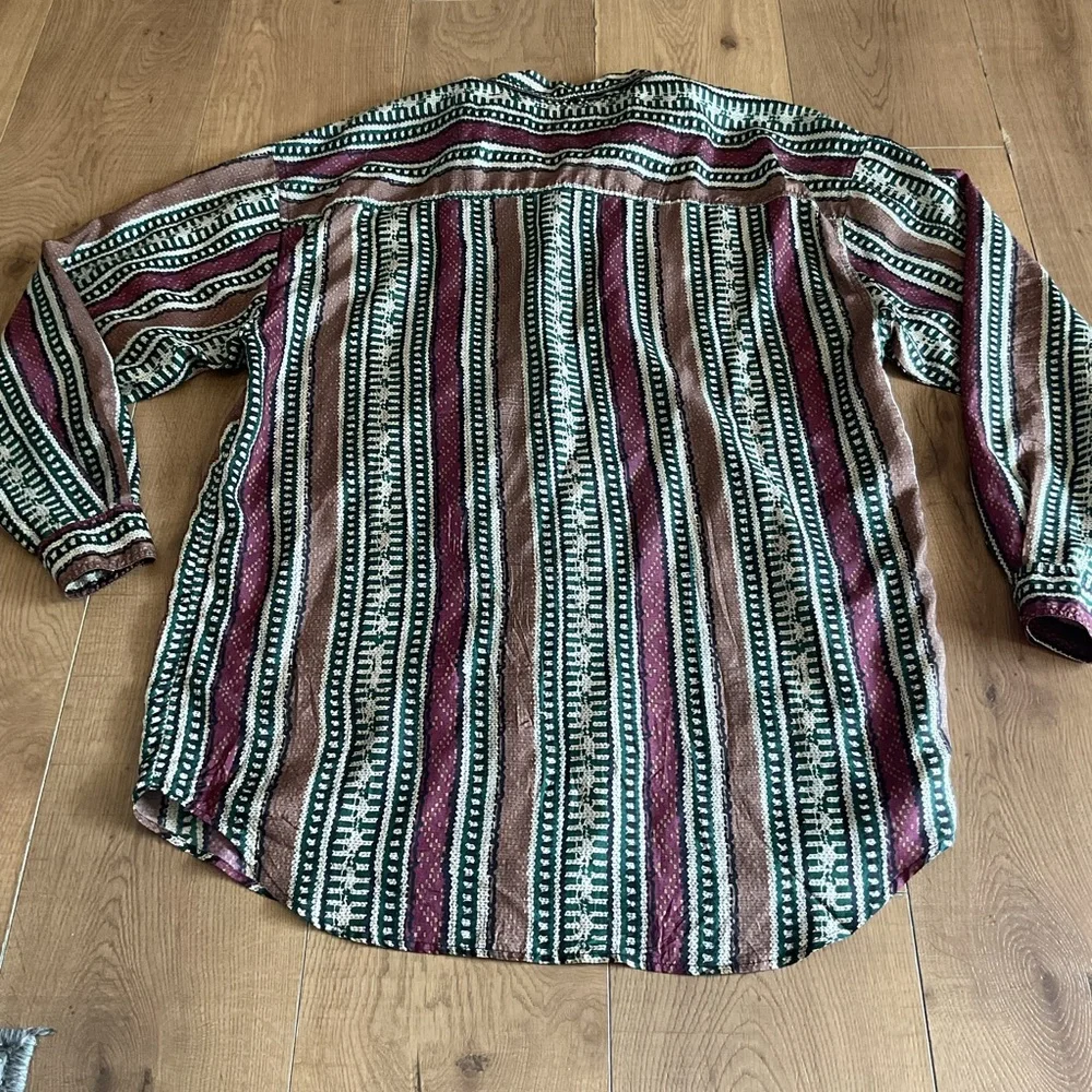 Henry Design 100% Silk Vintage Striped Dress Shirt Large Green Brown Red L Shirt - Picture 4 of 5